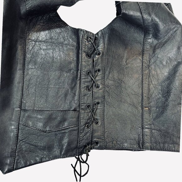 UNIK Men's Black Leather Motorcycle Vest Sz 42 Snaps Lace-Up Sides Pockets Biker - Picture 9 of 16